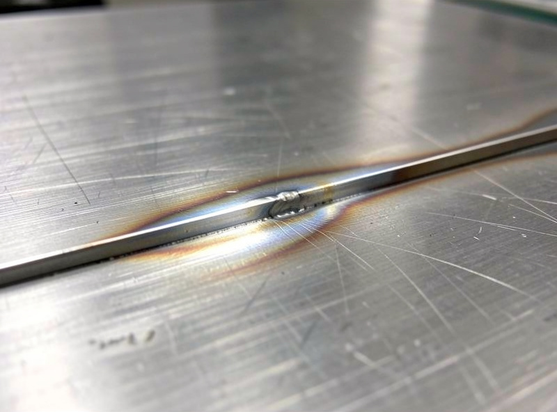 A clean TIG weld bead on aluminum plate showing bright fusion and a softened heat affected zone