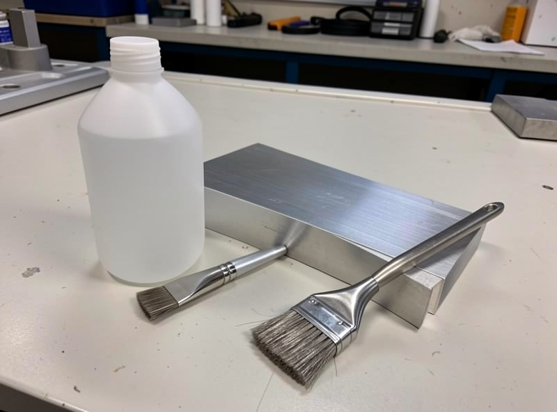 Acetone and a stainless brush laid out for cleaning aluminum stock before welding