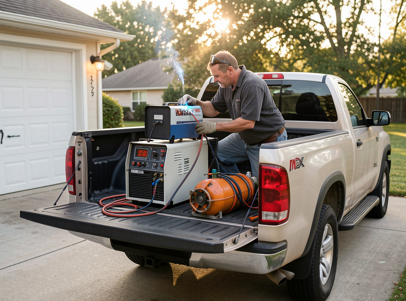 Home welder loading a portable MIG welder and gas bottle into a pickup truck bed