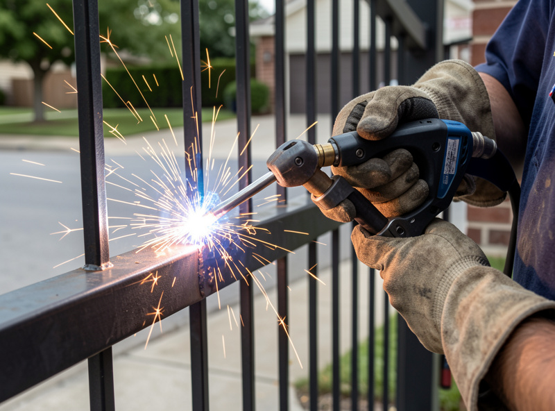 Gloved hands MIG welding a steel gate repair on location with sparks flying