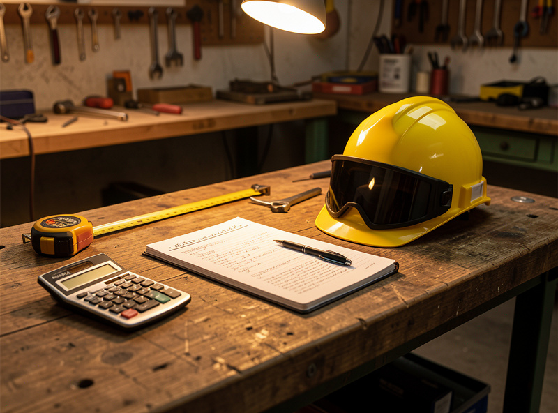 Welding workbench with notebook, calculator and helmet set up for quoting a job