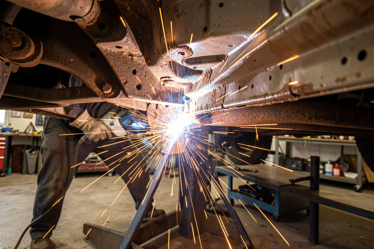 Home auto repair welding a rusty car body panel with a MIG welder