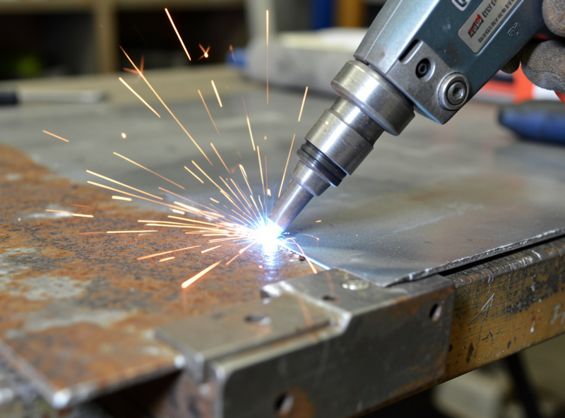 Home welder MIG welding a rusty automotive panel on a workbench with sparks