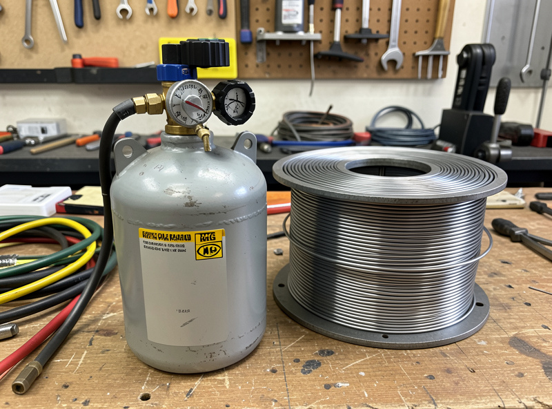 MIG welder gas regulator and wire spool set up for thin automotive steel