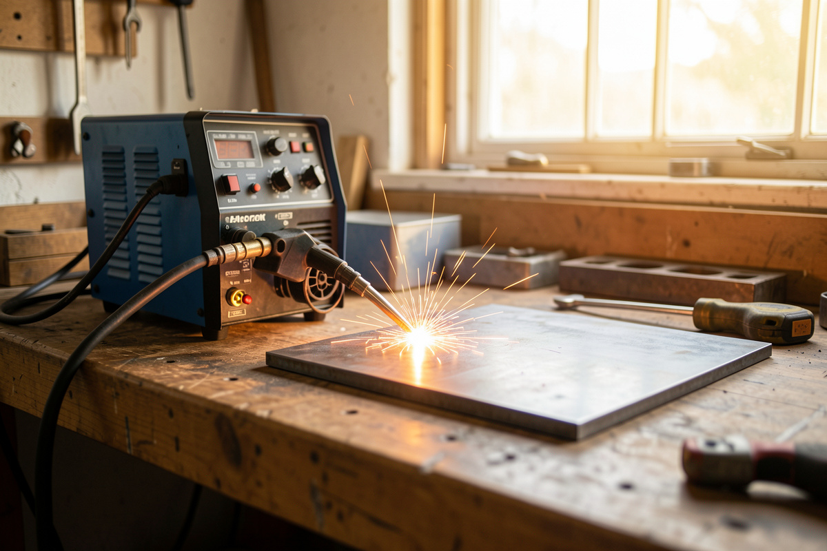 Home welding workshop bench with a MIG welder and a glowing weld bead on steel plate