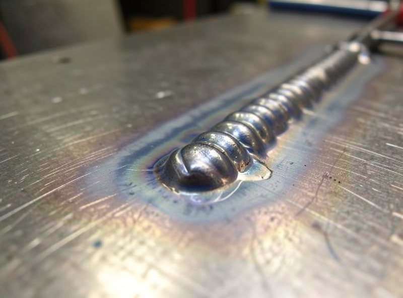 Close-up of a freshly frozen MIG weld bead showing the rippled fusion zone cooling on steel plate