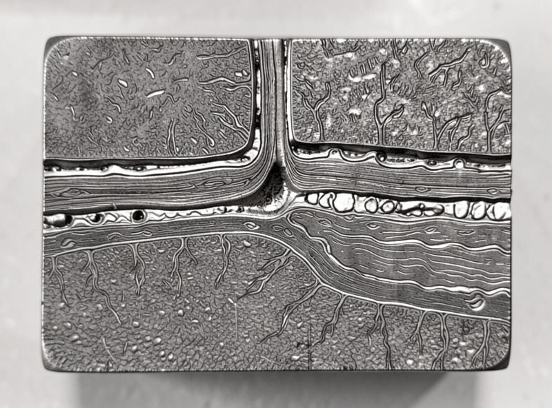 Etched cross-section of a steel weld showing the fusion zone, heat-affected zone, and base metal grain transition