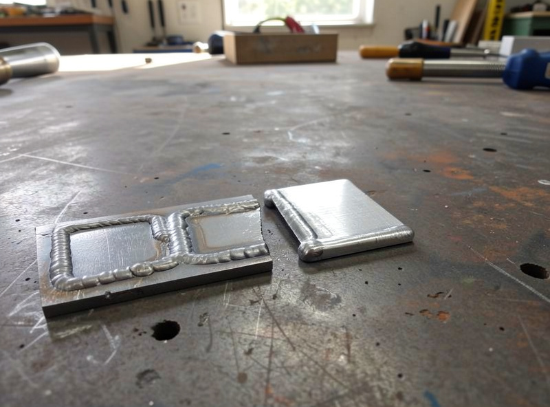 Comparison of a steel fillet weld and an aluminum weld bead side by side on a workshop bench