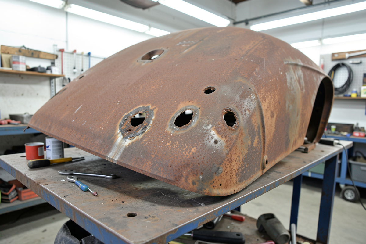 Rusty car body panel with corrosion holes ready for cut-out and patch repair