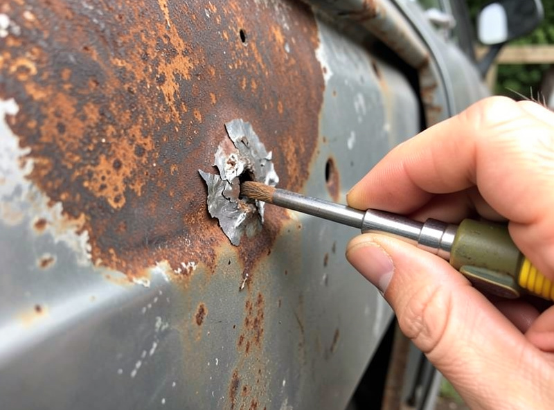 Probing a rusted car body panel with a screwdriver to find the edge of solid steel