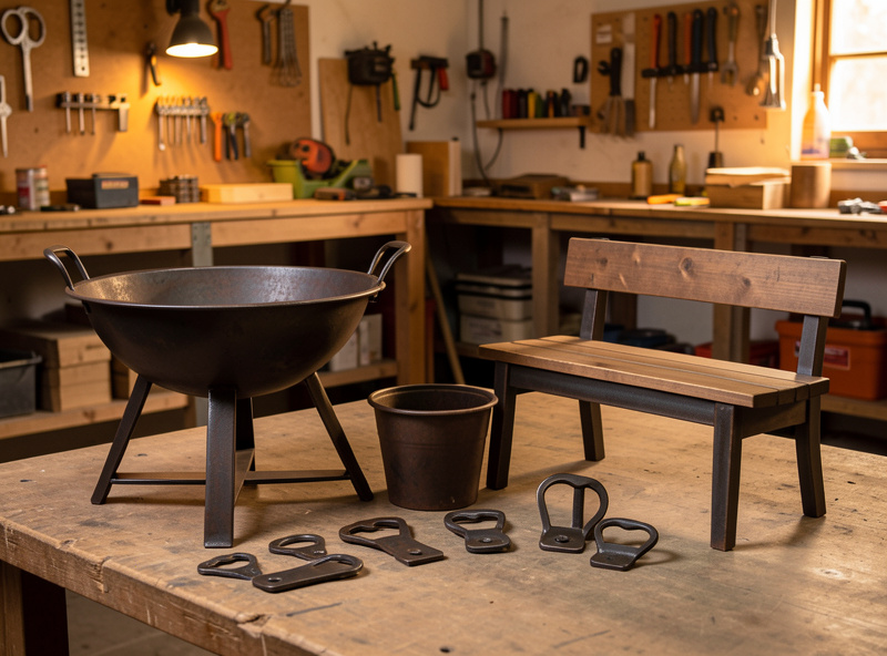A range of finished welded products including a fire pit, planter and small bench in a workshop