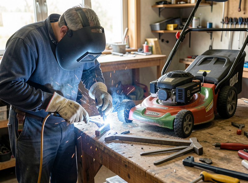 Welder repairing a broken garden tool and lawnmower deck on a workbench