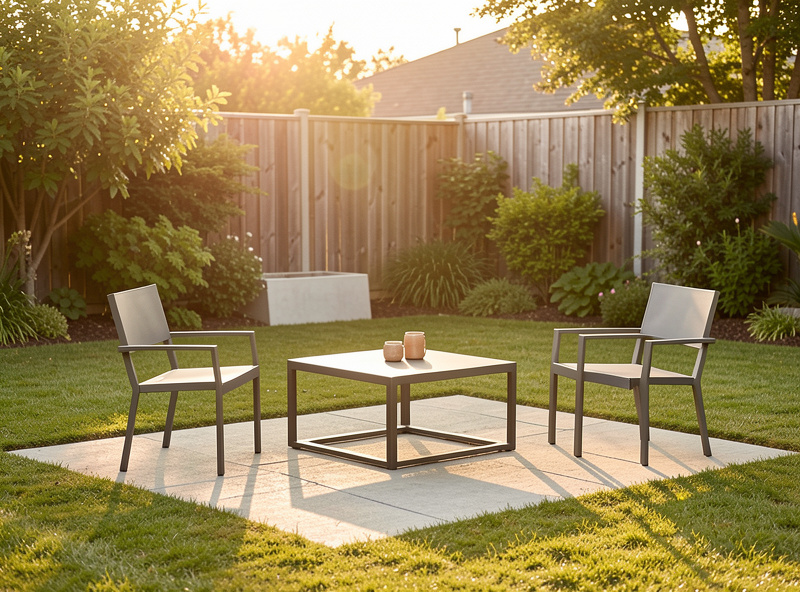 Welded steel outdoor furniture set photographed in a backyard for a product listing