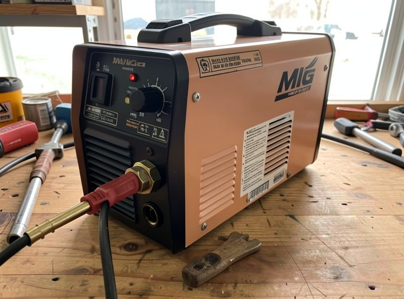 A dual-voltage MIG inverter welder on a bench with a voltage-selector pigtail adapter
