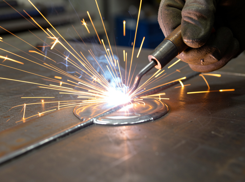 A welder laying a bright, fat weld bead into a thick steel plate with a glowing puddle