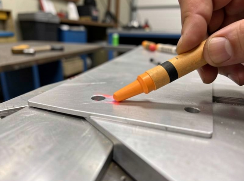 Temperature-indicating crayon mark on an aluminum plate being checked before welding