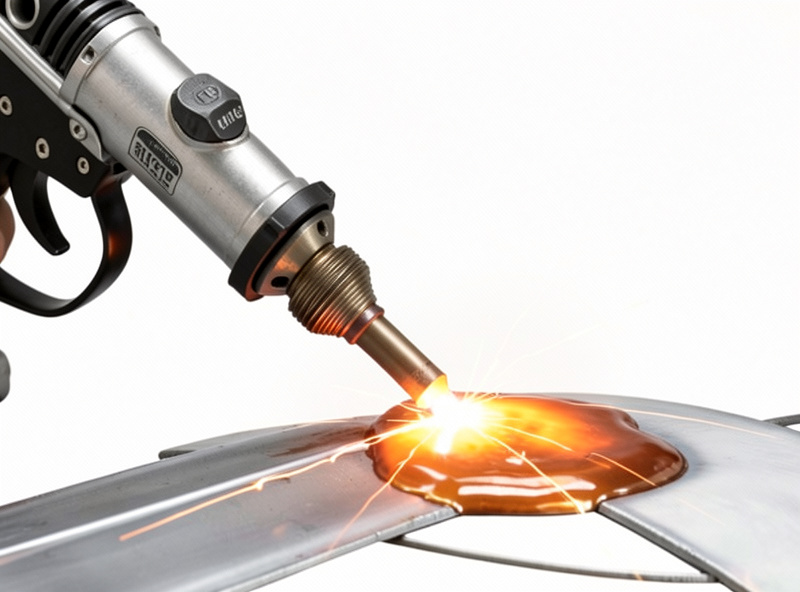 MIG gun tilted forward pushing a molten aluminum puddle with a clean leading edge