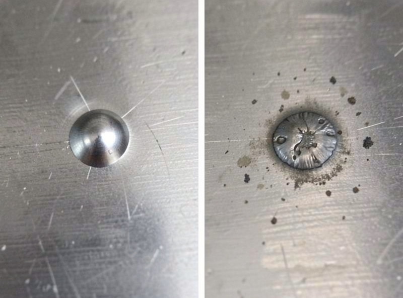 Two aluminum weld beads compared, one bright from pushing and one gray from dragging