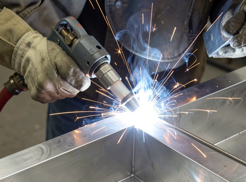 Welder's hand and MIG gun showing the forward travel angle on an aluminum lap joint