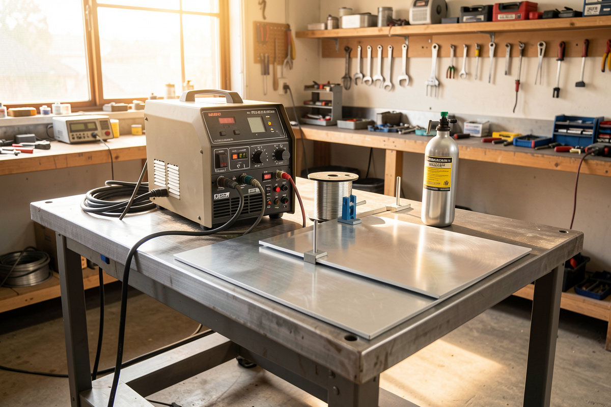 Home welding bench set up for aluminum MIG with a double-pulse welder, silver wire spool, and argon bottle