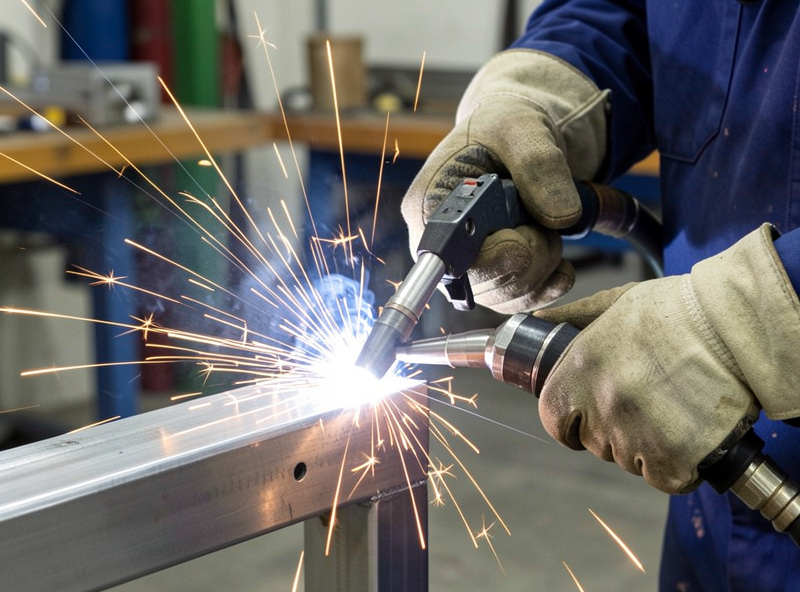 Gloved hands pushing a MIG gun forward along an aluminum joint with silver wire feeding