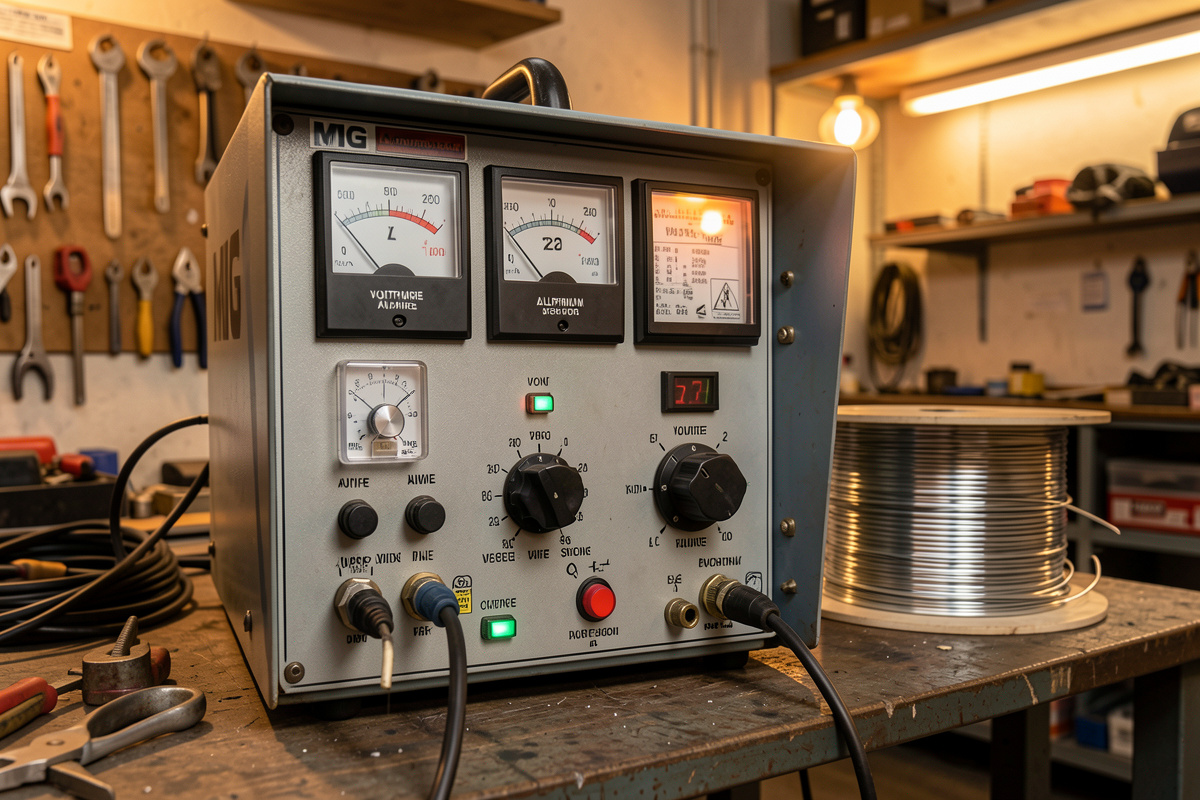 MIG welder control panel set for aluminum with voltage and wire speed dials and an argon flowmeter