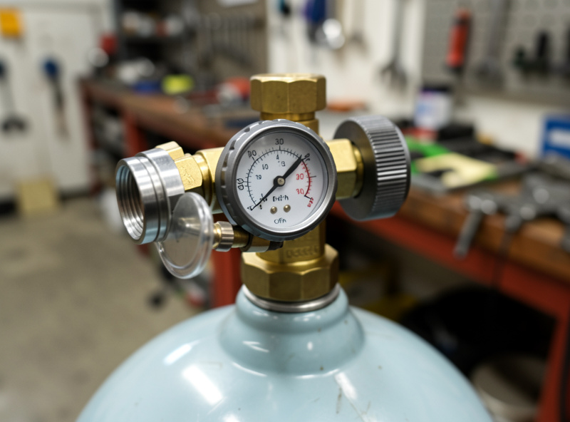 Argon flowmeter and regulator on a gas bottle reading around 25 to 30 cfh