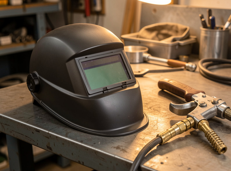Auto-darkening welding helmet resting on a steel workbench next to a MIG torch