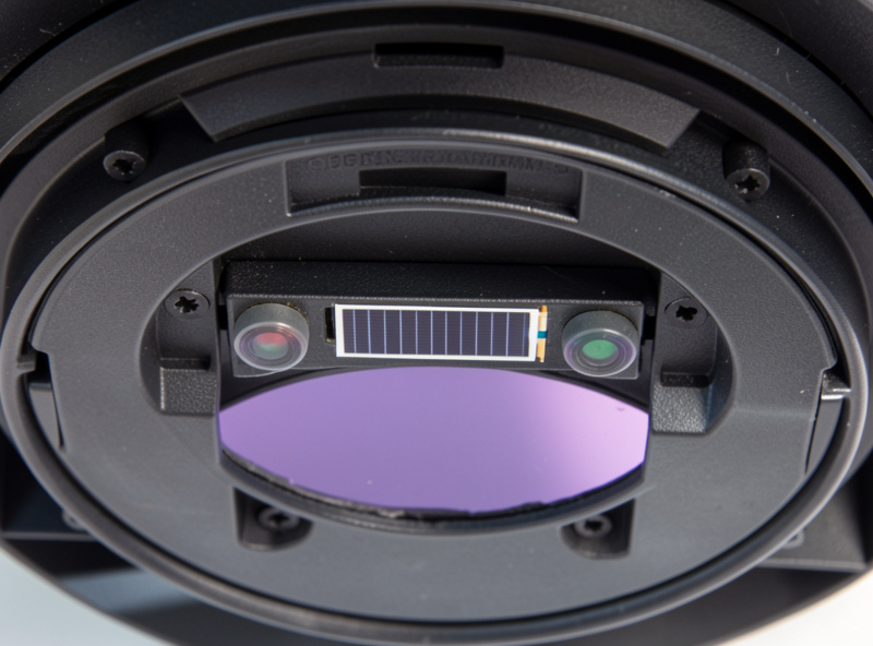 Close-up of a welding helmet lens cartridge showing the arc sensors and solar cell strip