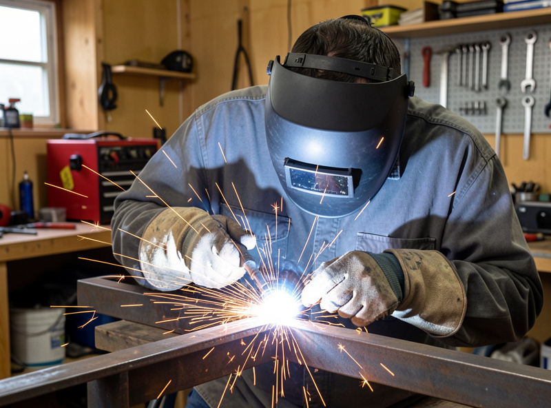 Welder in an auto-darkening helmet grinding a steel weld with sparks flying
