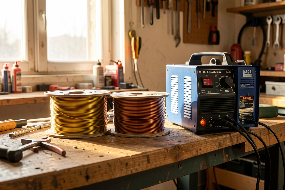 Two flux-core welding wire spools on a workshop bench beside a MIG inverter
