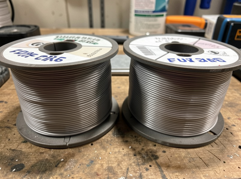 Two spools of flux-core welding wire, E71T-GS and E71T-11, on a workshop bench