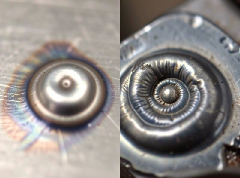 Close-up of a smooth flux-core bead laid with E71T-GS wire next to a deeper multi-pass bead
