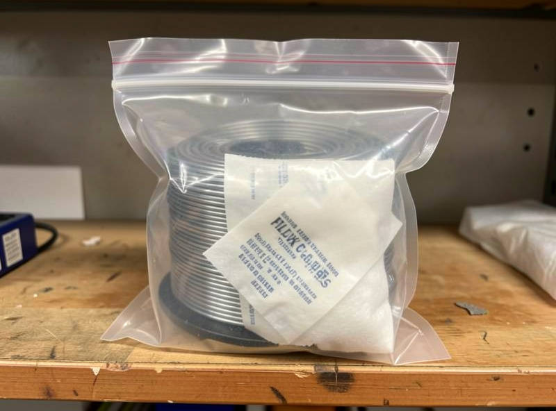 Flux-core wire spool stored in a sealed bag with a desiccant pack on a workshop shelf