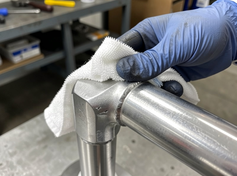 Gloved hand wiping an aluminum joint with an acetone-dampened white rag