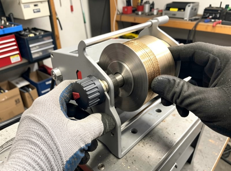 Gloved hand adjusting the drive roll tension knob on an open MIG wire feeder
