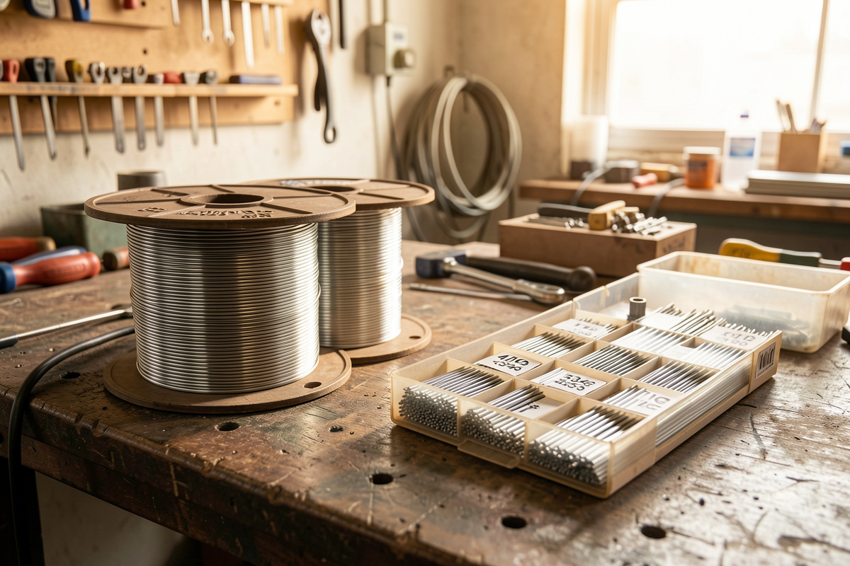 Two spools of aluminum filler wire and TIG rods labeled 4043 and 5356 on a welding bench