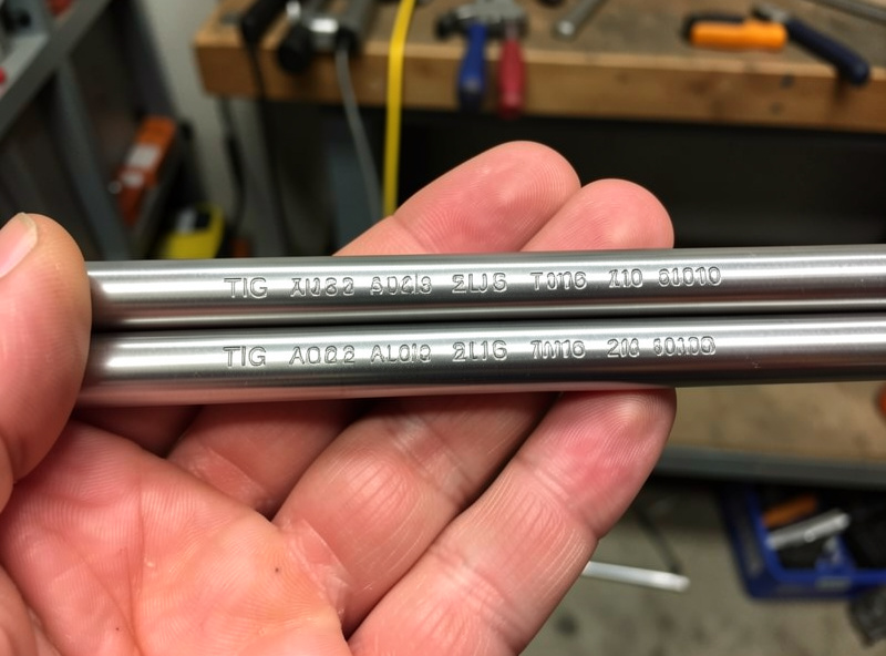 A hand holding two aluminum TIG filler rods side by side showing the stamped alloy markings