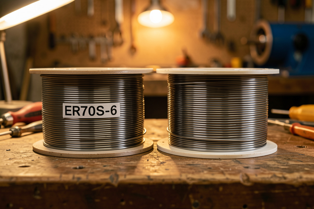 Two spools of solid steel MIG wire labeled ER70S-6 and ER70S-3 side by side