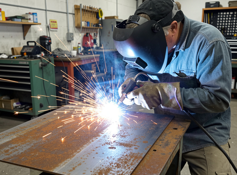 Home welder MIG welding over lightly rusted and mill-scaled steel plate with a bright arc