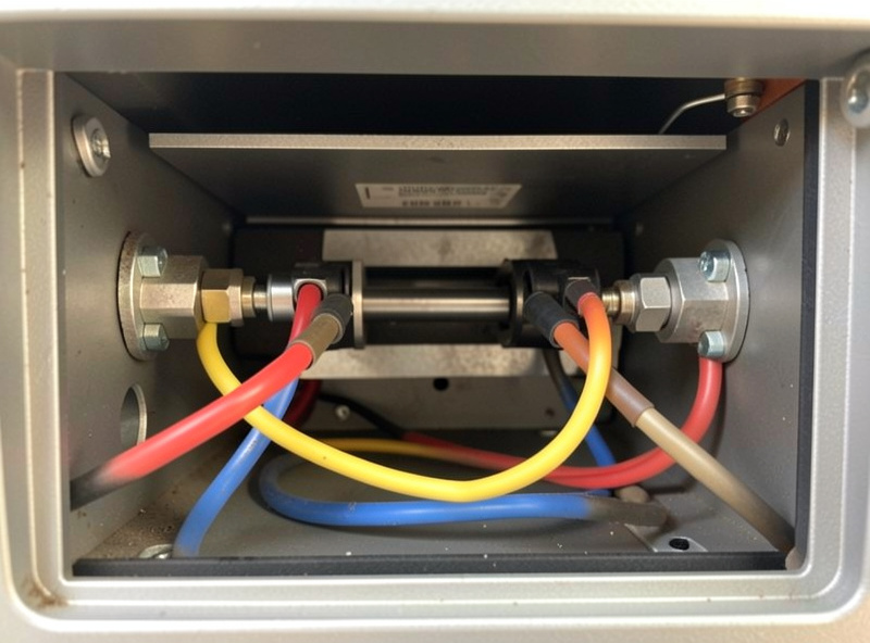Inside a MIG welder's wire-feed compartment showing the polarity change cables connected for DCEN flux-core