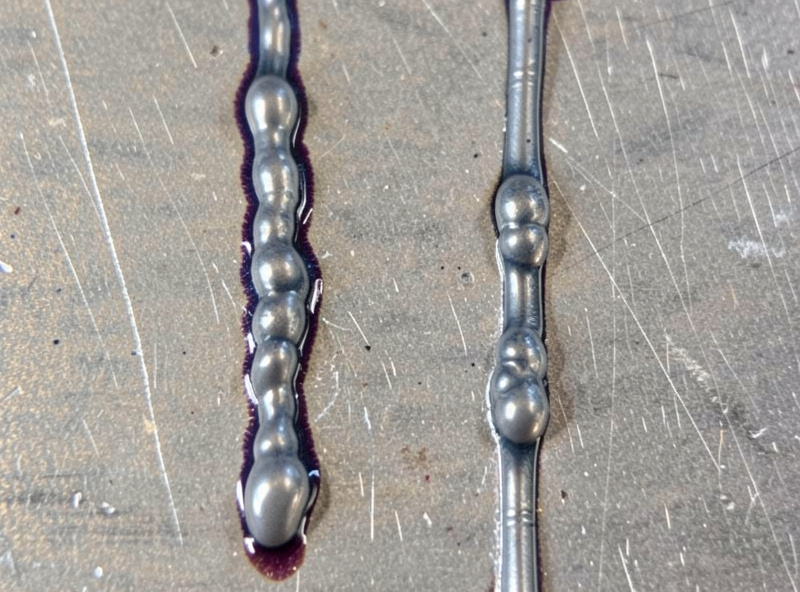 Comparison of two flux-core weld beads, one cold and ropey from wrong polarity next to a clean tied-in bead