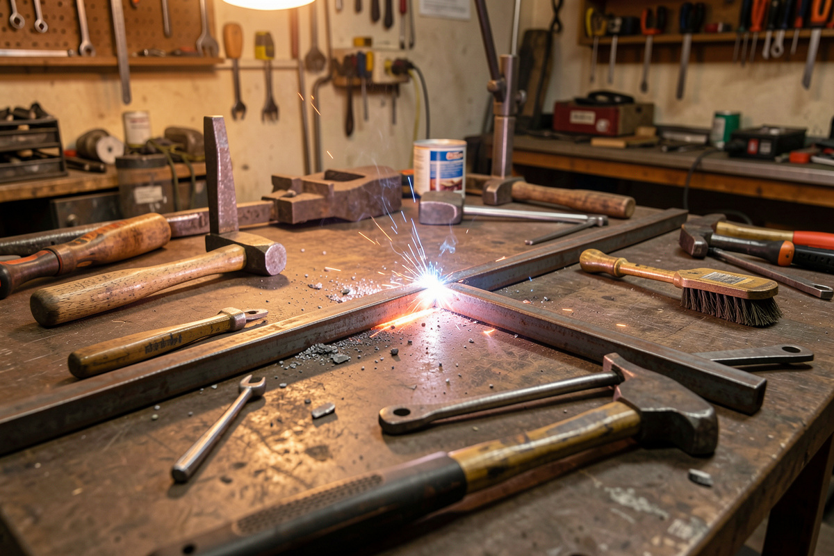 Home welding bench with a multi-pass steel weld joint, chipping hammer and wire brush ready for cleanup