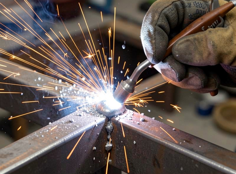 Welder chipping and wire-brushing slag off a flux-core bead between passes on a steel joint