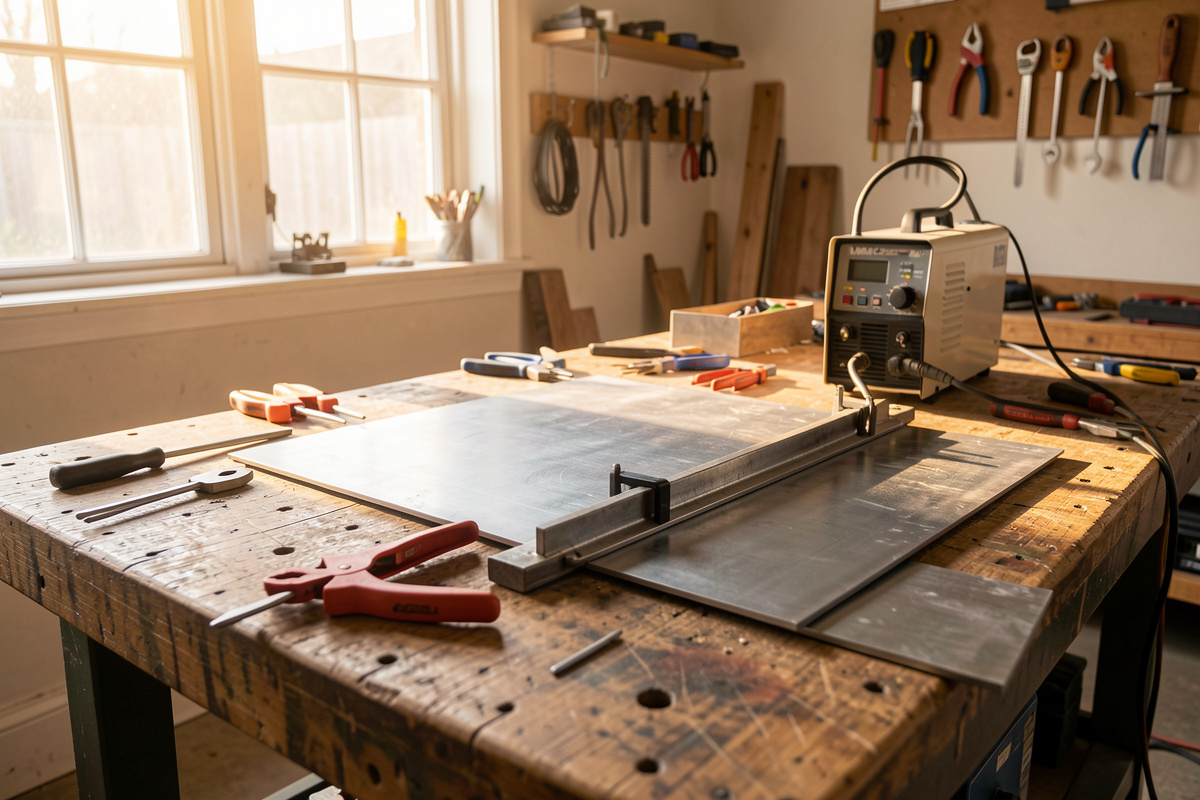 Home welding bench with thin steel sheet clamped flat next to a MIG inverter and clamps
