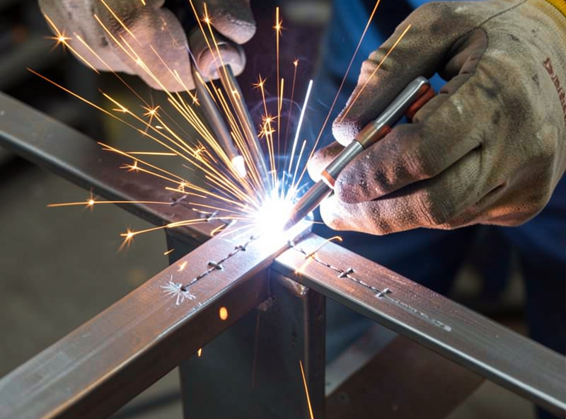 Welder laying short stitch tacks on a thin steel bracket clamped tight to control heat