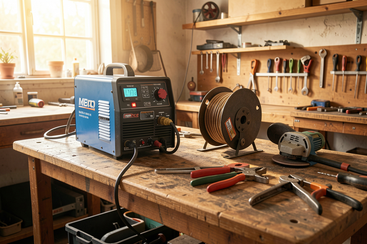 Home welding bench with a MIG inverter, flux-core spool, angle grinder and clamps in warm workshop light