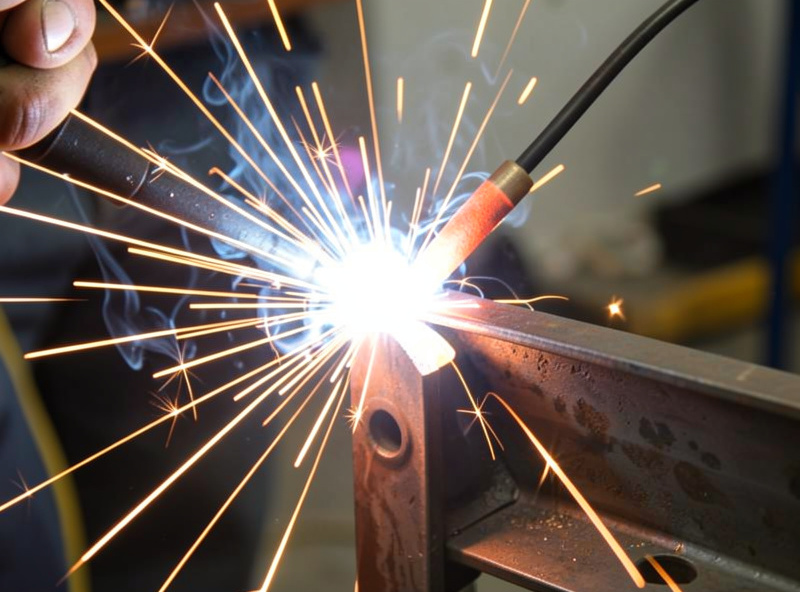 Gasless flux-core wire feeding into a bright arc on a steel bracket in a home workshop