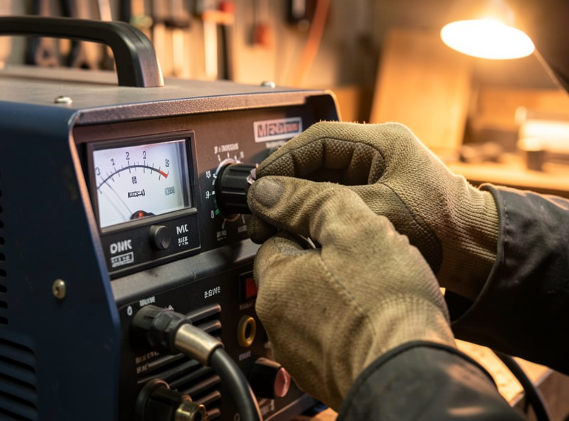 Close-up of a welder's gloved hand adjusting voltage and wire-speed dials on a MIG inverter