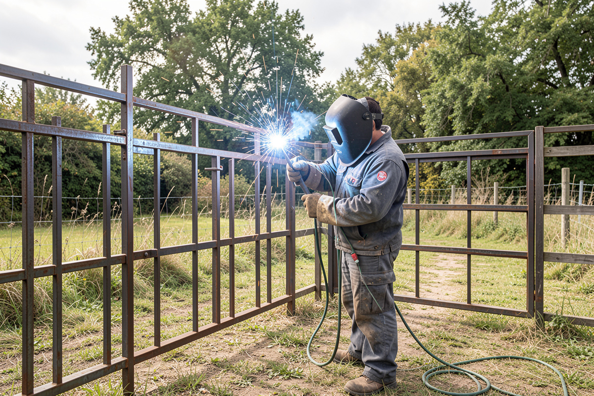 Welder running a flux-core bead on a steel gate frame outdoors in a breezy yard